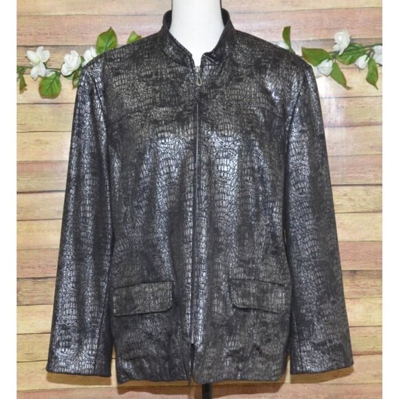 Alfred Dunner Silver Metallic Croc Print Faux Leather Full Front Zip Up Jacket S - Picture 3 of 11